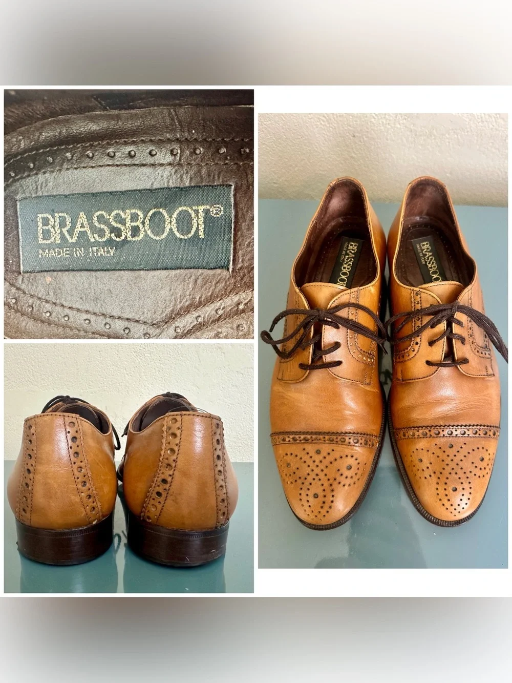 VTG Brassboot Mens Oxford Sz 8.5 D Tan Leather Cap Toe Brogue Italy Dress Shoes